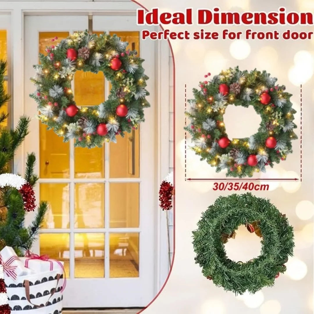 Christmas Wreaths For Front Door With String Lights 35/40cm Christmas Door Wreath With Artificial Pinecone Red Berry Home Decor