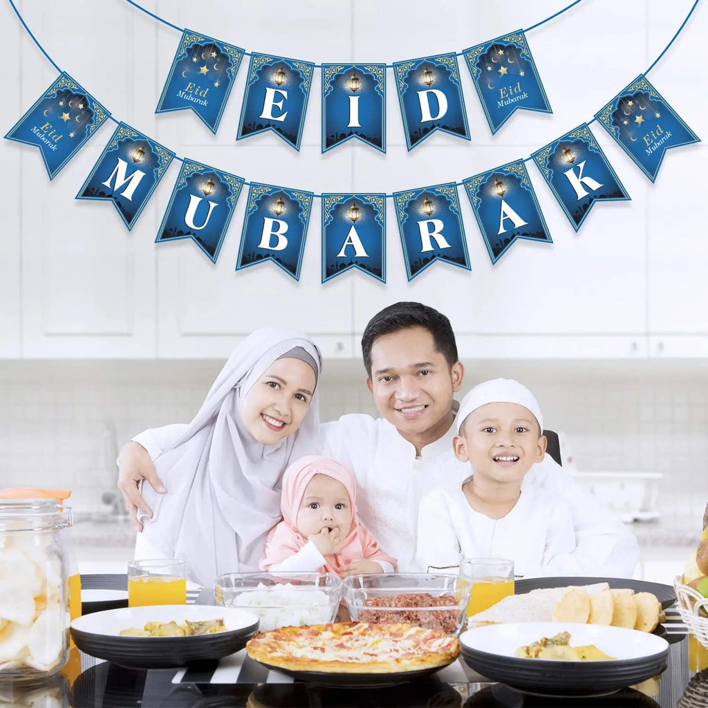 Ramadan Mubarak Banner Bunting Garland Eid Mubarak Lantern Moon Castle Sign Festival Celebration Wall Hanging Party Decorations