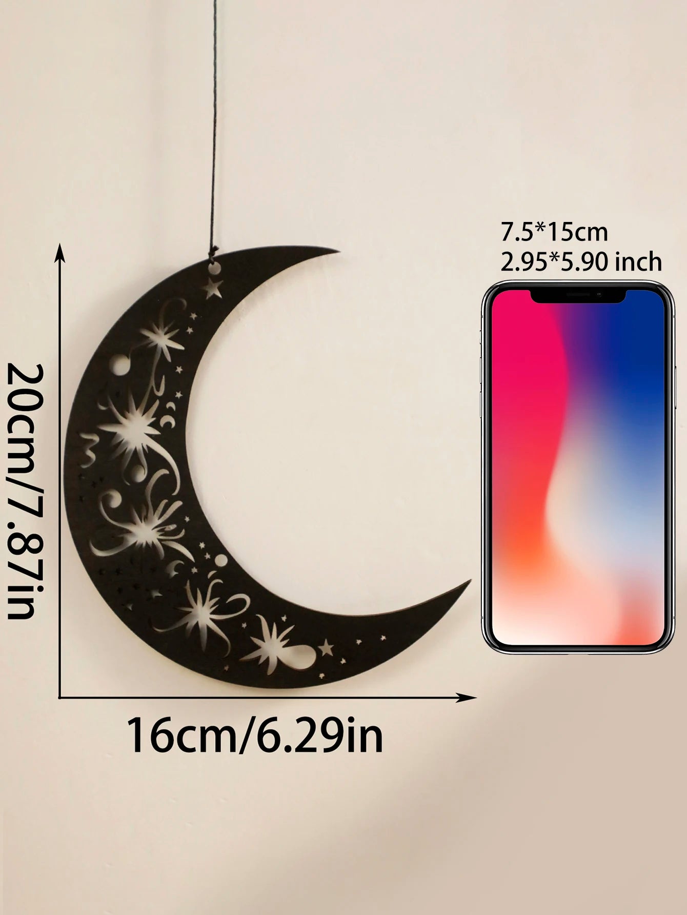 Wooden Wall Decor - Black Wooden Crescent Moon with Star Cutouts , Hanging Lanterns for Ramadan Eid, Islamic Festival Home Decor