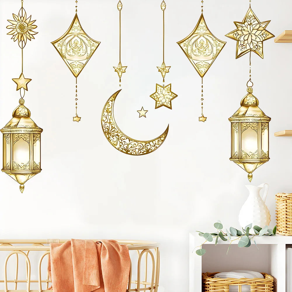Eid Mubarak Wall Stickers Star Moon Lantern Ramadan Kareem Wall Decals Muslim Islamic Window Sticker Decorations