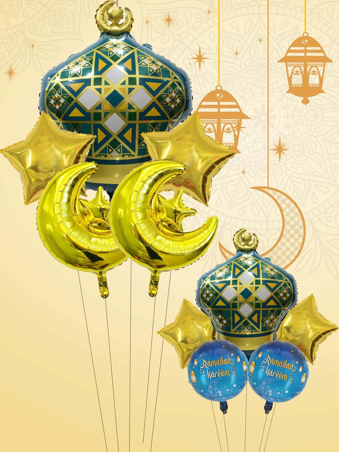 5pcs Ramadan Eid al-Fitr Fancy Lantern Balloons set Star Moon Balloon Ramadan Kareem Eid Mubarak Decorations Eid Al Adha Decor