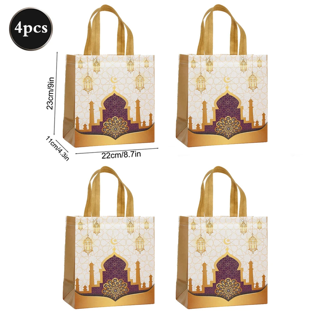 Eid Mubarak Non-Woven Gift Bags with Handles Ramadan Kareem Party Favor Bags for Treats Dates Mosque Pattern Colorful Goodie Bag