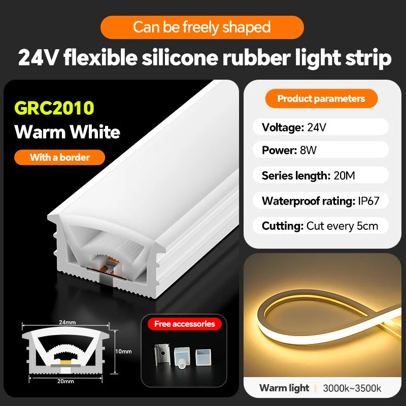 LED silicone light strip, linear light strip, embedded, 24V, waterproof, flexible, curved shape light