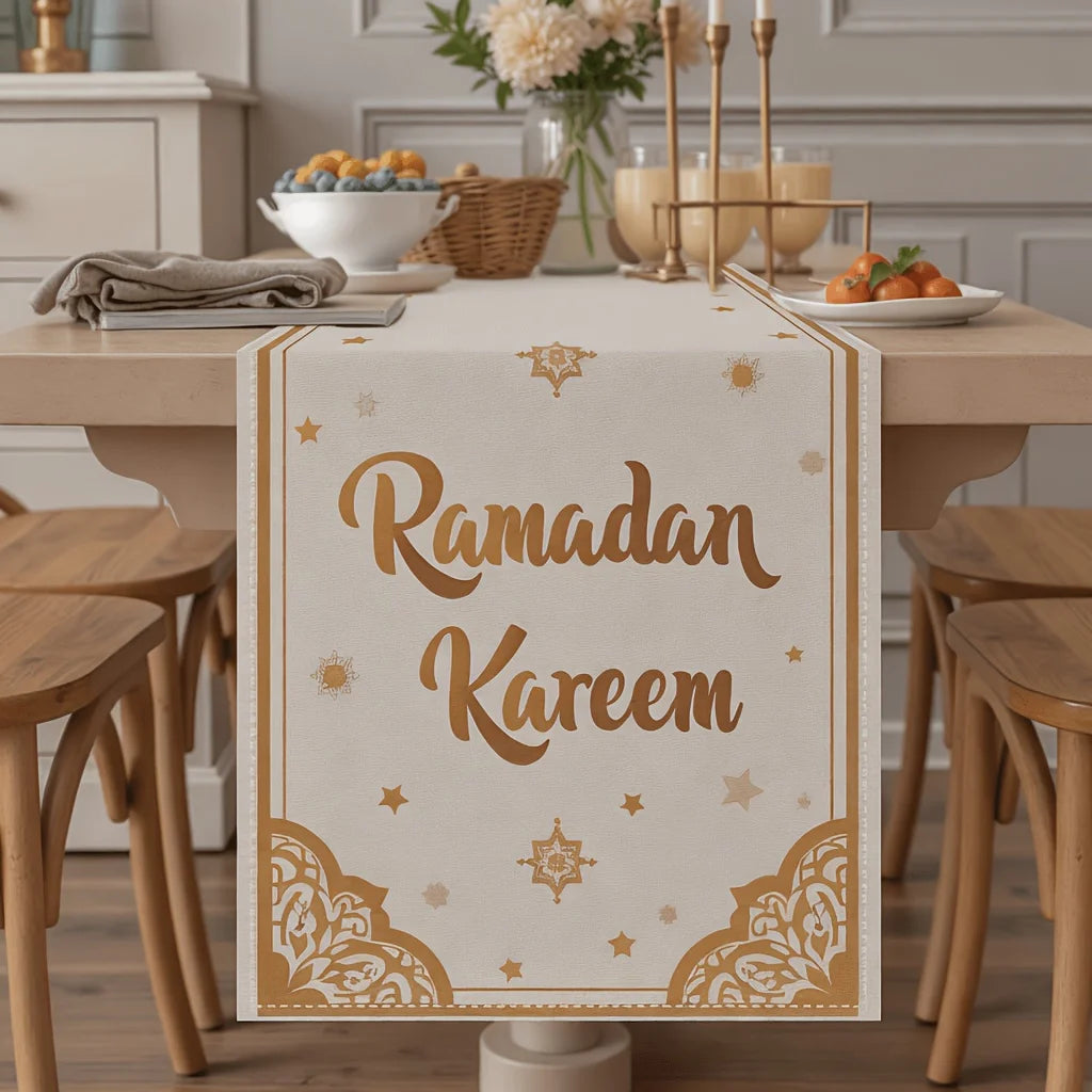 Ramadan Kareem Linen Table Runner Holiday Party Decor Golden Moon Stars Eid Al-Fitr Mubarak Table Runners Ramadan Decorations
