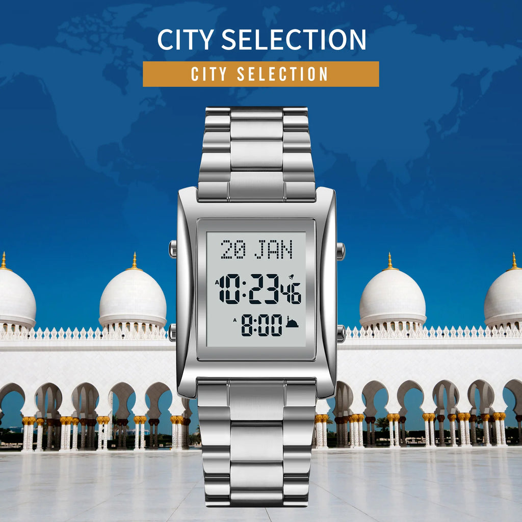 Azan Watch for Muslim Prayer with Qibla Compass Islam Al-Harameen Fajr Time Clock Include Hijri Calendar