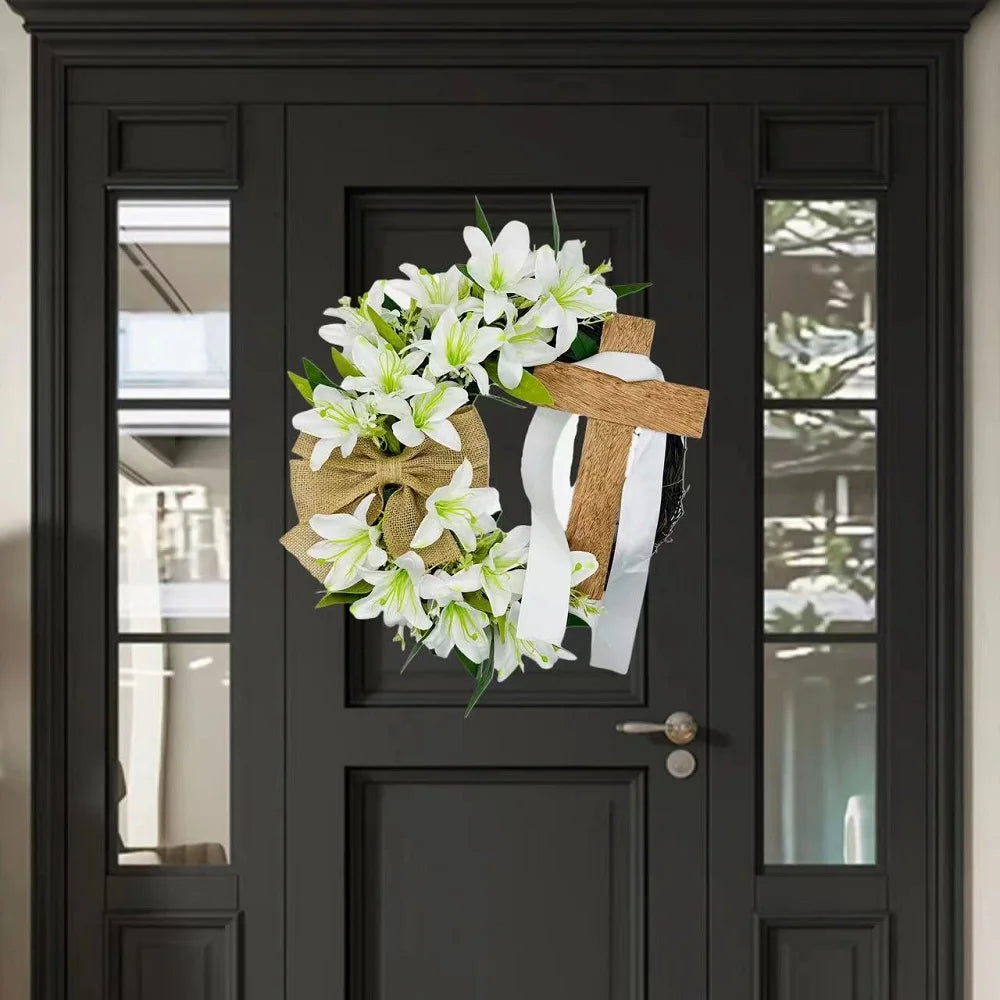 45cm Easter Cross Wreath Easter Wreath Imitation Plant Spring Wreath Door Hanging Decoration Flower Wreath Festival Home Garland