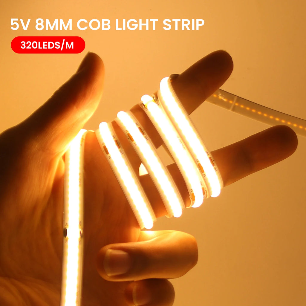AA Battery Box 5V COB LED Strip 3MM 5MM 8MM 320LEDs/M High Density Flexible RA90 3000K 4000K 6000K FOB Tape Rope Night Lights