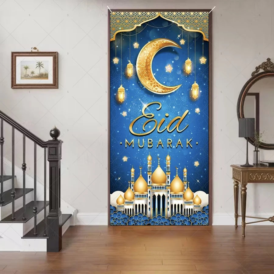 Ramadan Eid Door Cover Backdrop Supplies Moon Mosque Background Islamic Muslim Festival Theme Party Decoration Photography Props
