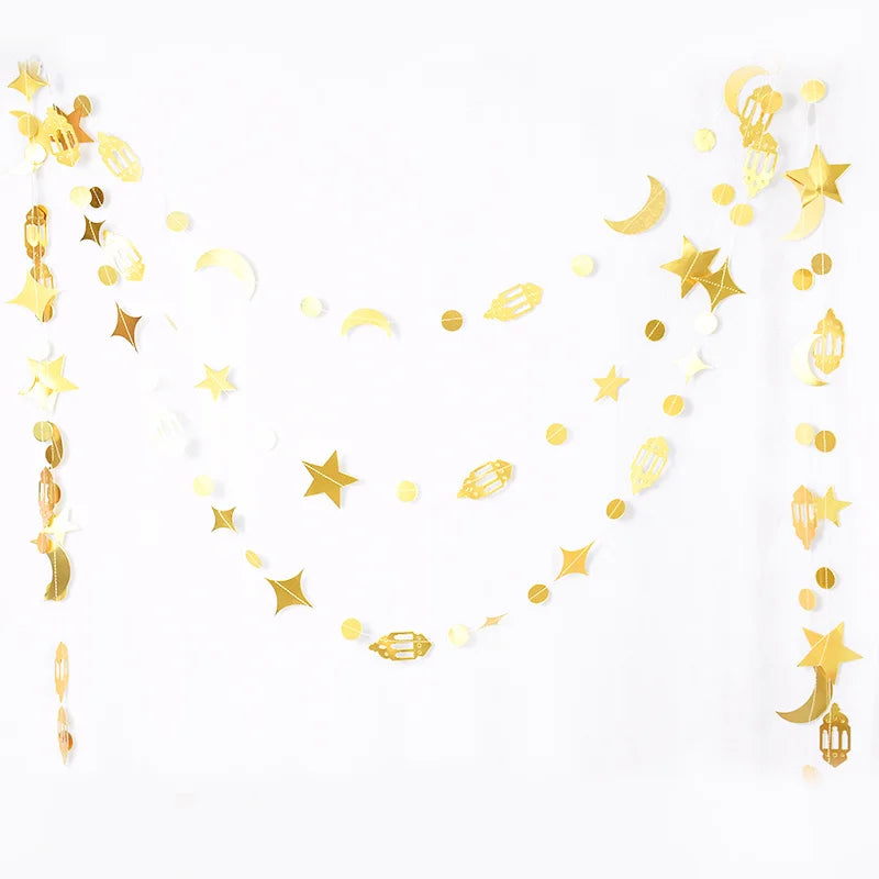 Gold Star Moon Circle Dot Crescent Lamp Eid Paper Garland Gold Mubarak Ramadan Streamer Backdrop Muslim Party Banner Decorations