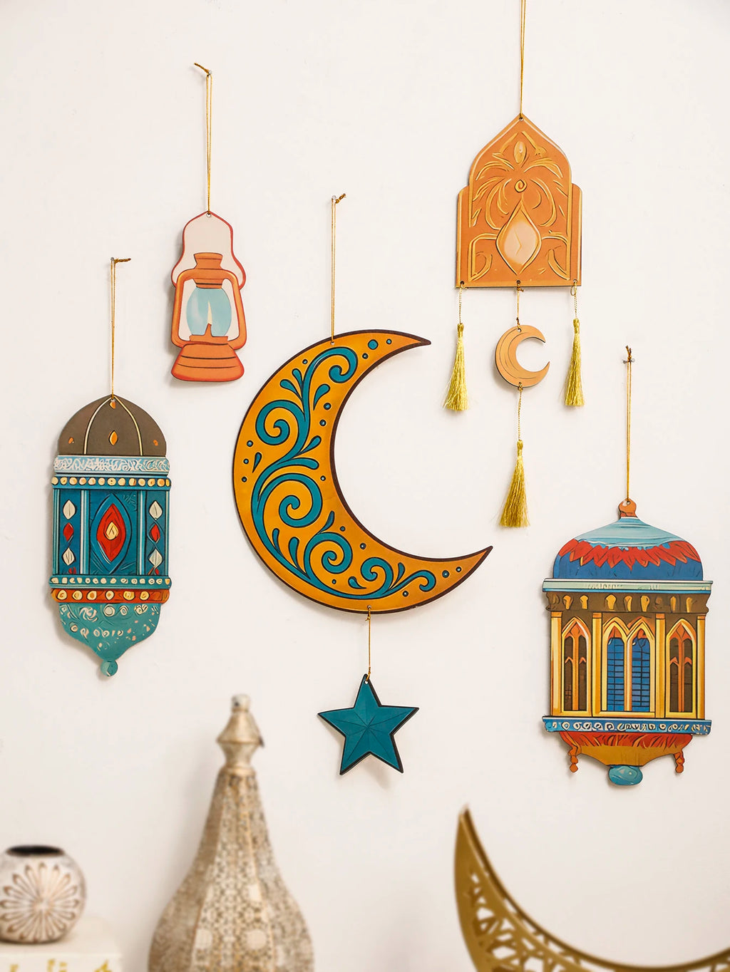 Islamic Ramadan Wall Decor Moon Star Lantern Tassel Ornament for Eid Mubarak Kareem Muslim Festival Home Hanging Decoration Gift