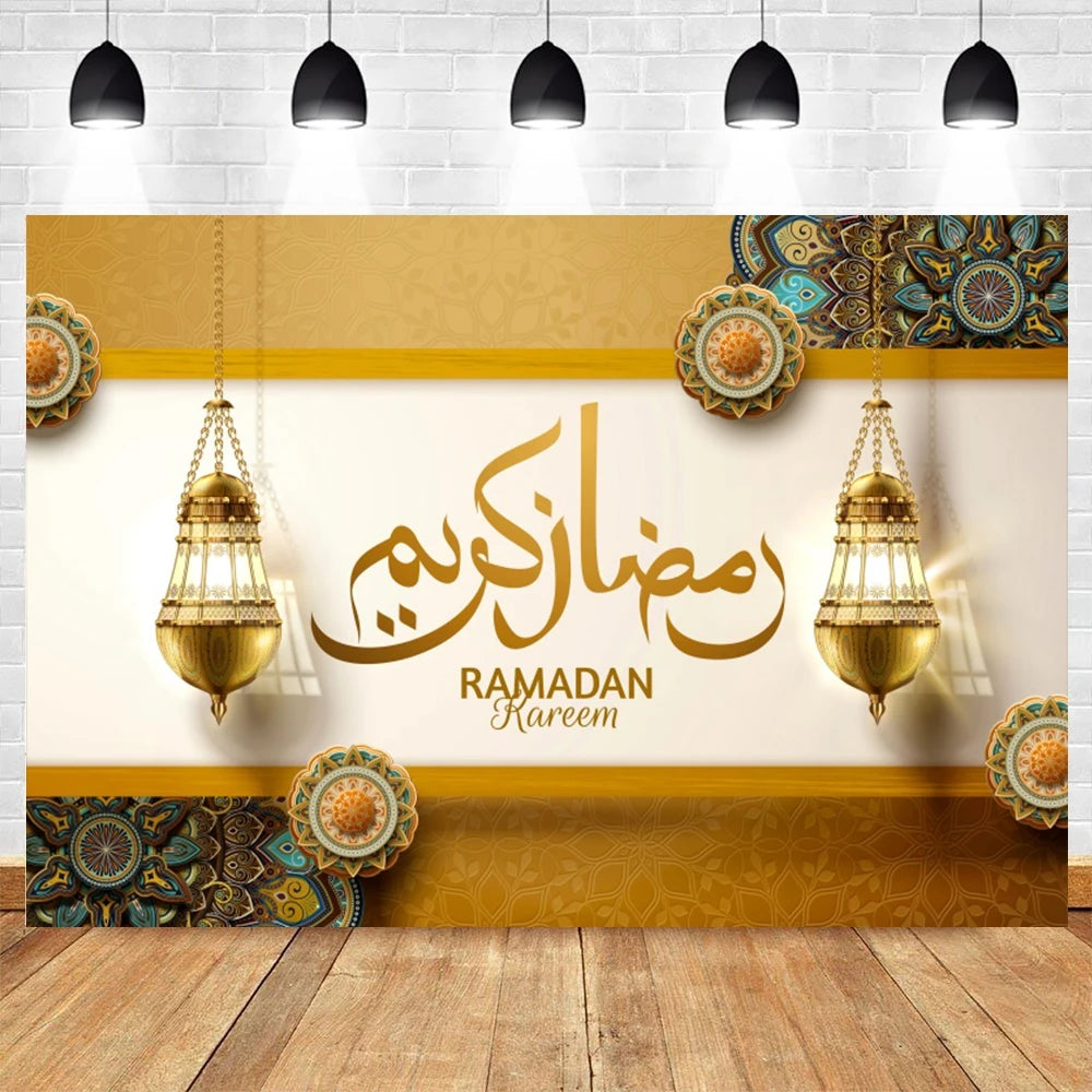 Ramadan Kareem Backdrop Eid Mubarak Party Lantern Flower Moon Islamic Family Party Photography Background Decor Banner Poster