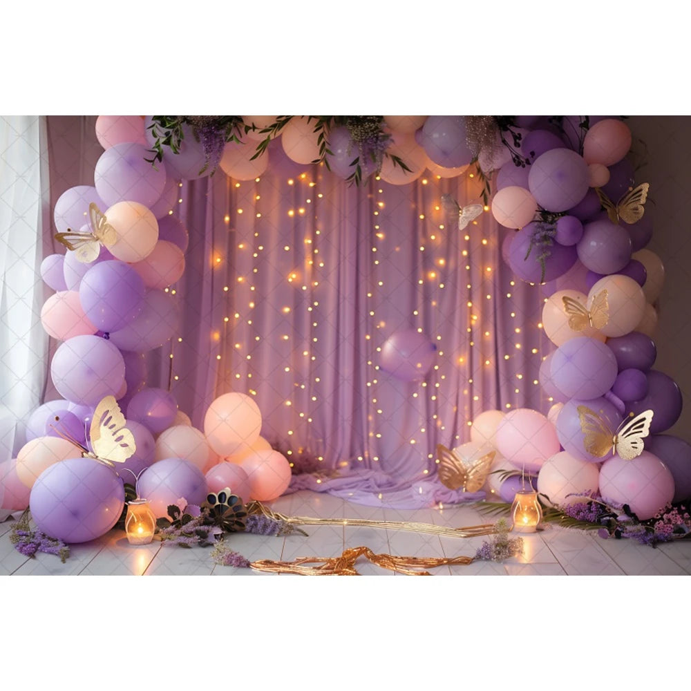 Birthday Photographic Backgrounds Baby Shooting Props Butterfly Purple Balloons Backdrops Photography Room Decorations Photozone