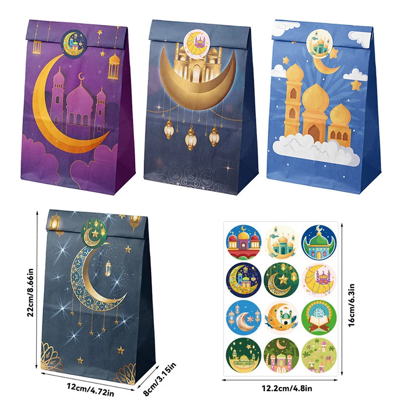 12/24Pcs Ramadan Party Decoration Eid Mubarak Gifts Bag with Stickers Gift Packaging Bags 2026 Islamic Muslim Party Supplies