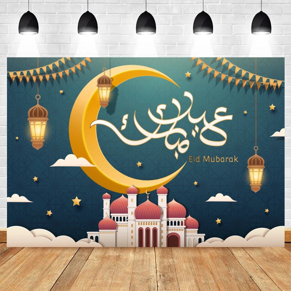 Ramadan Kareem Photography Backdrop EID Mubarak Islamic Mosque Lamps Moon Star White Cloud Photo Background Studio Poster Decor