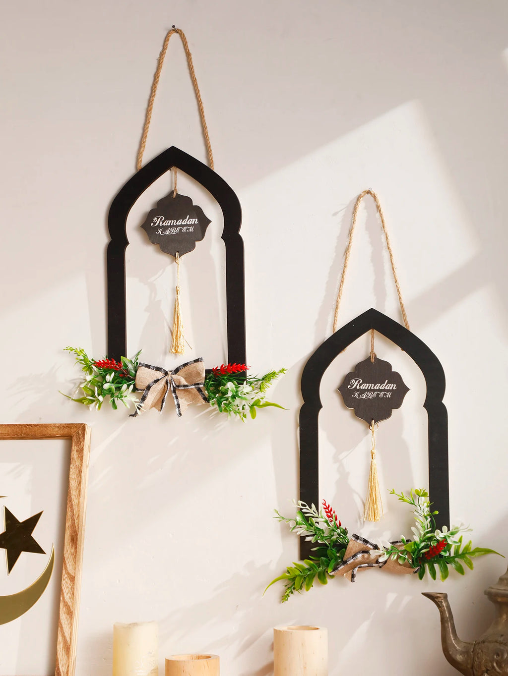 Ramadan Wooden Wall Hanging Decor Islamic Arch Design with Floral & Tassel Festive Home & Wall Decoration for Ramadan & Eid Gift