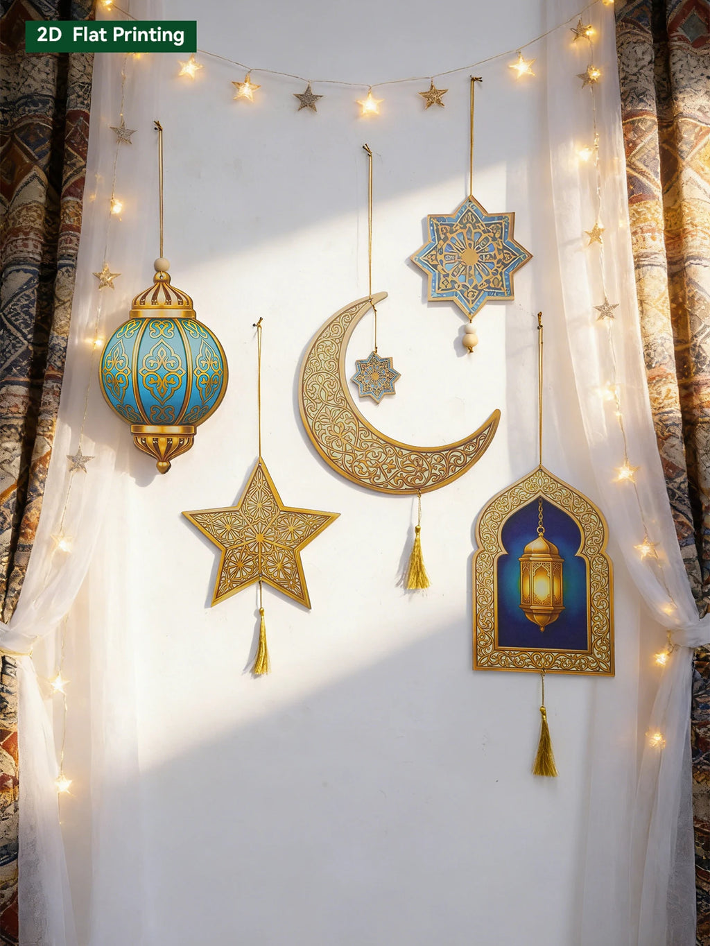 Ramadan Kareem Wall Hanging Decor Islamic Moon Star Lantern Ornaments with Tassel Muslim Festival Decoration for Home Party Gift