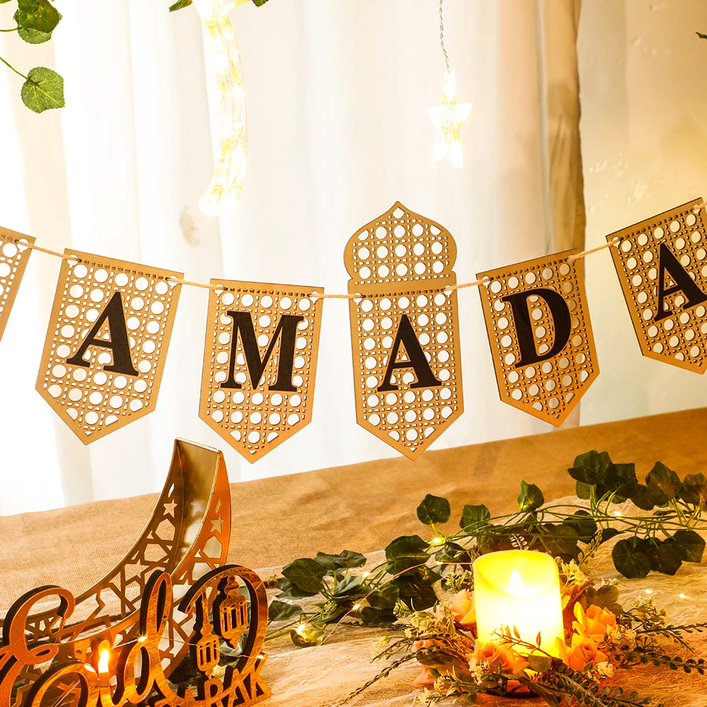 Ramadan Mubarak Banner Hollow Lantern Hanging Garland for Islamic Muslim Eid Festival Home Party Ornament Wall Decor Supplies