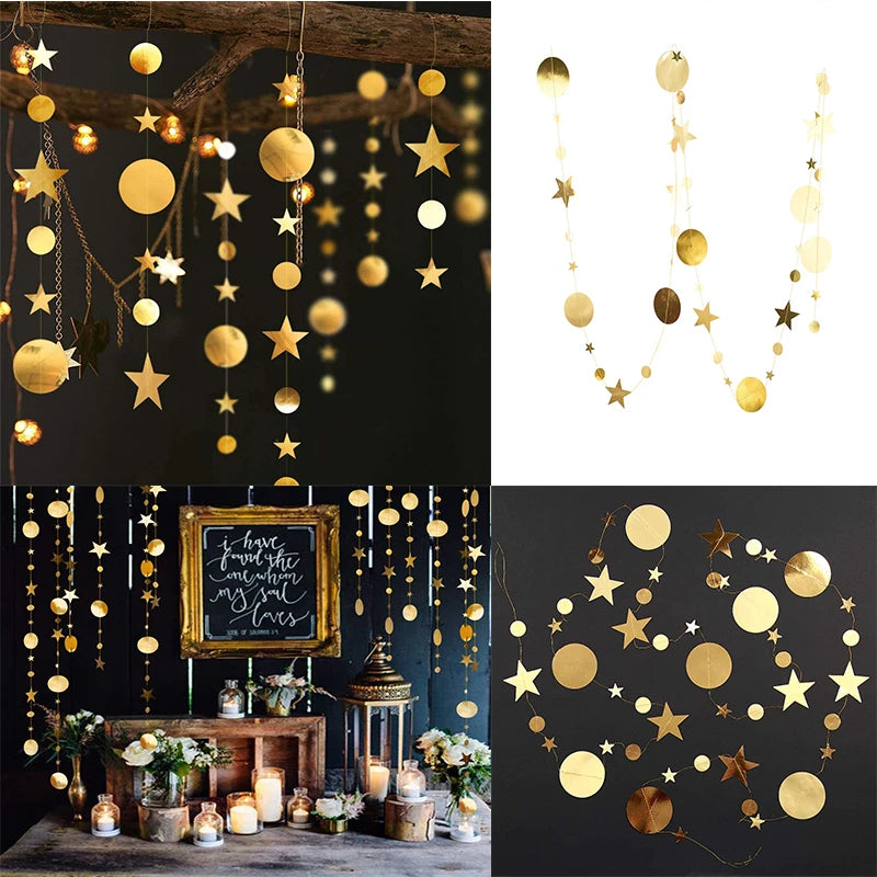 Gold Star Moon Circle Dot Crescent Lamp Eid Paper Garland Gold Mubarak Ramadan Streamer Backdrop Muslim Party Banner Decorations
