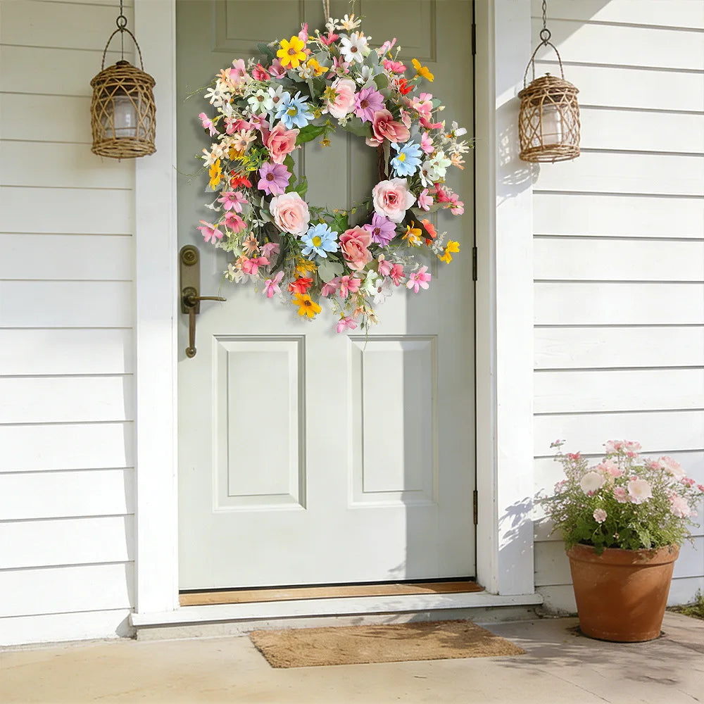 YeeNanee Vibrant Wild Flowers Spring Wreaths for Front Door Artificial Daisy Tulip Lambs Ear Summer Wreath Home Wall Decoration