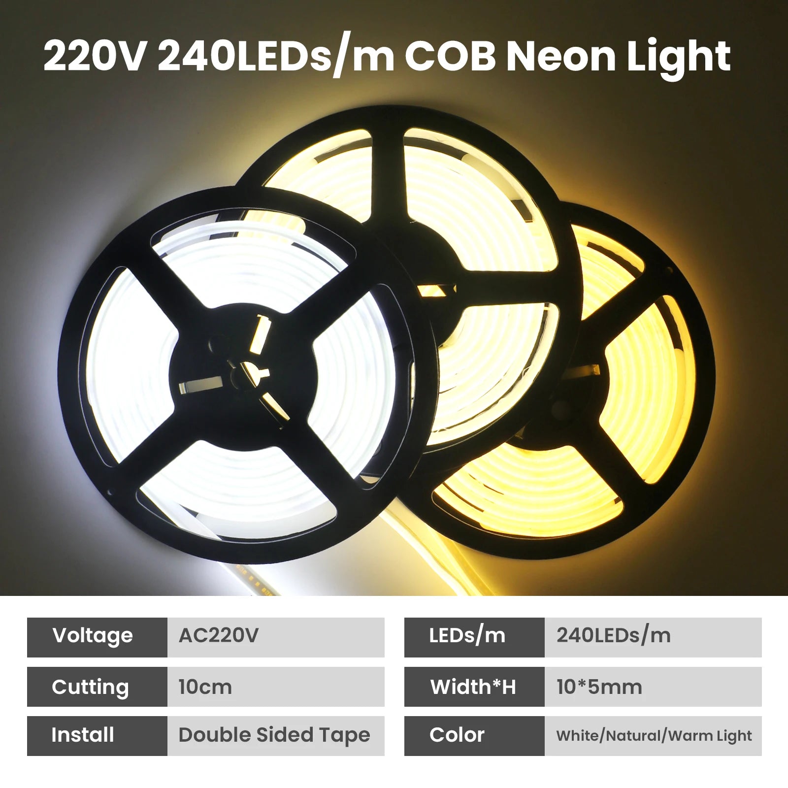 IP65 COB Self-adhesive Tape LED Neon Light Strips AC 230V RA90 Waterproof Outdoor Garden FOB Ribbon Lamp 2Pin Wire/EU Power Plug
