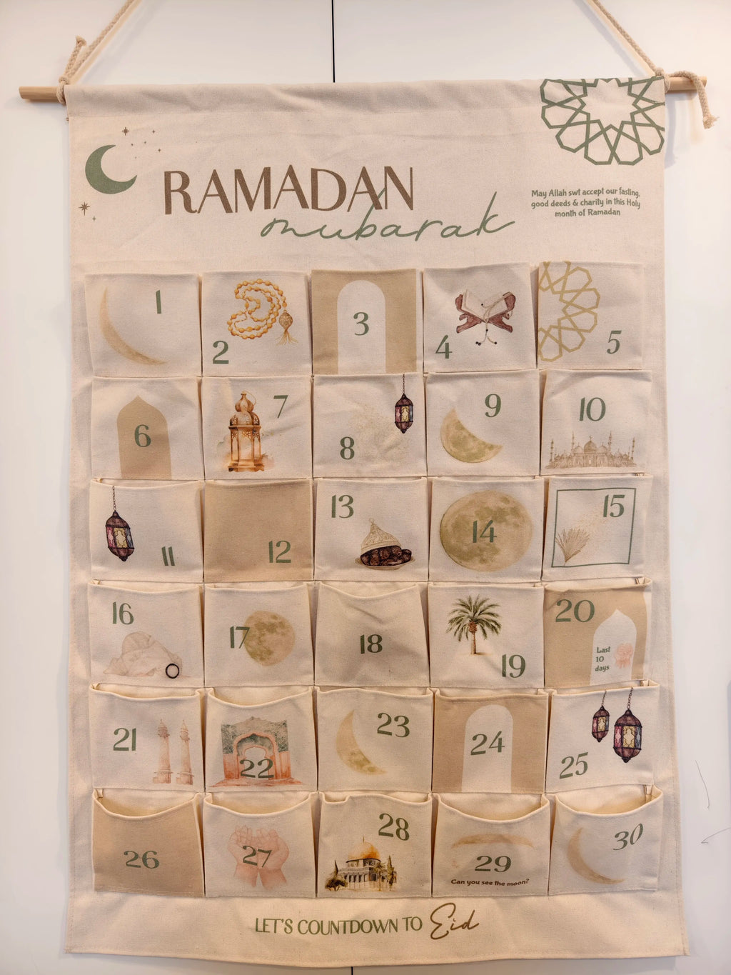 Ramadan Advent Calendar for Muslim Islamic Kid Kareem Wall Hanging Home Decoration 30 Day Countdown Calendar Eid Ornament
