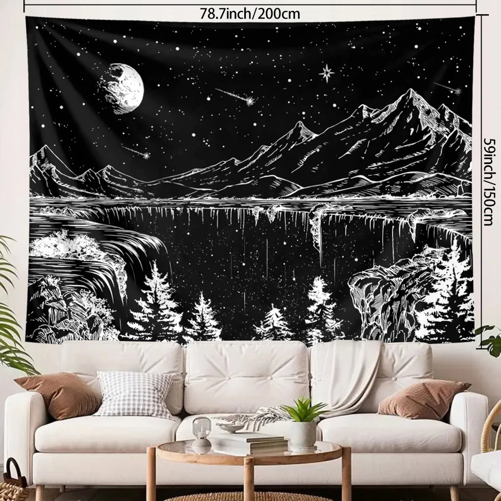 1pc Black and white abstract landscape tapestry, starry night mountain tapestry, bedroom aesthetic moon and star tapestry