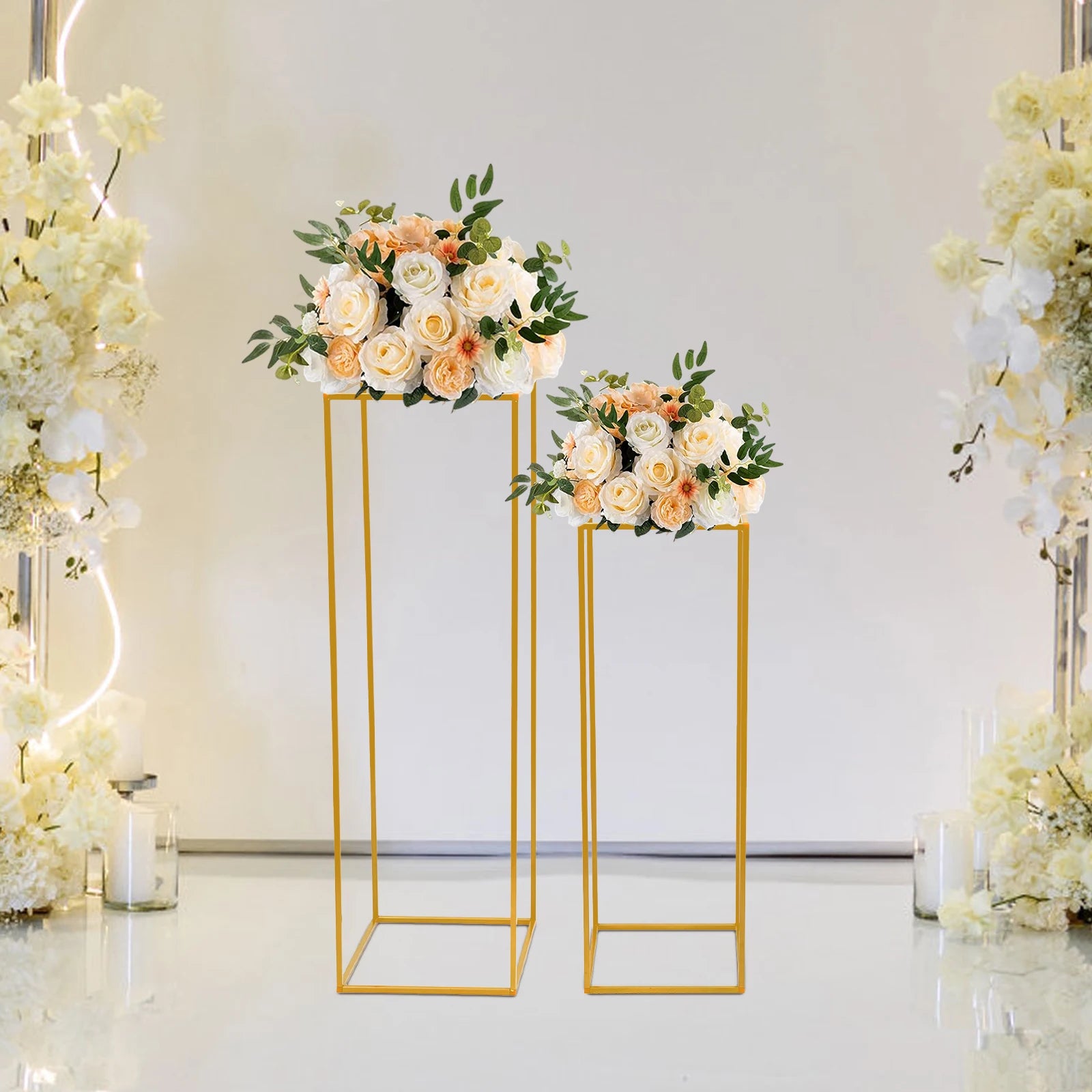 2Pcs Tabletop Flower Stands Metal Square Floral Decor Vase Floor Column Holder Gold Display Rack Road Guide for Wedding Party
