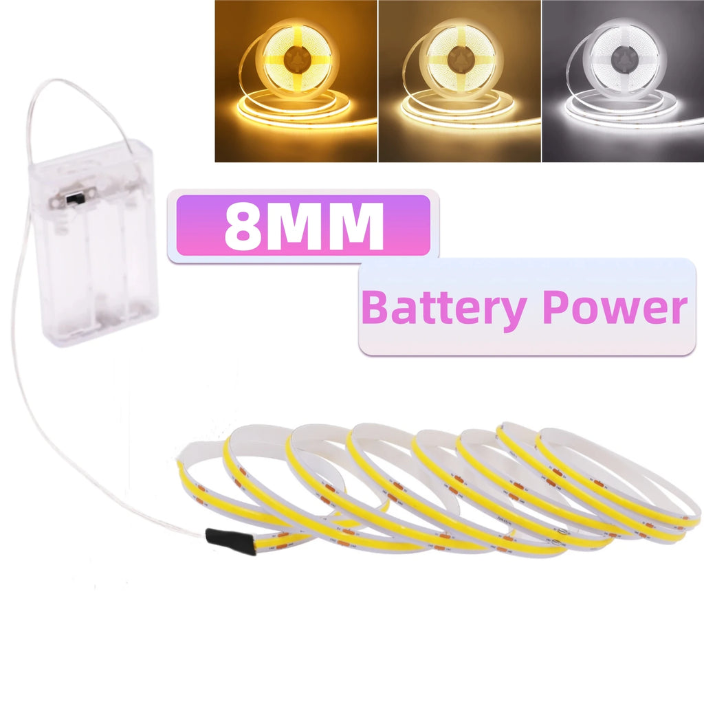 AA Battery Box 5V COB LED Strip 3MM 5MM 8MM 320LEDs/M High Density Flexible RA90 3000K 4000K 6000K FOB Tape Rope Night Lights