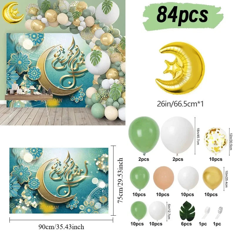 84pcs Eid Mubarak Green Gold Balloon Garland Arch Ramadan Kareem Decorations Home 2026 Aid Moubarak Islamic Festival Party Decor
