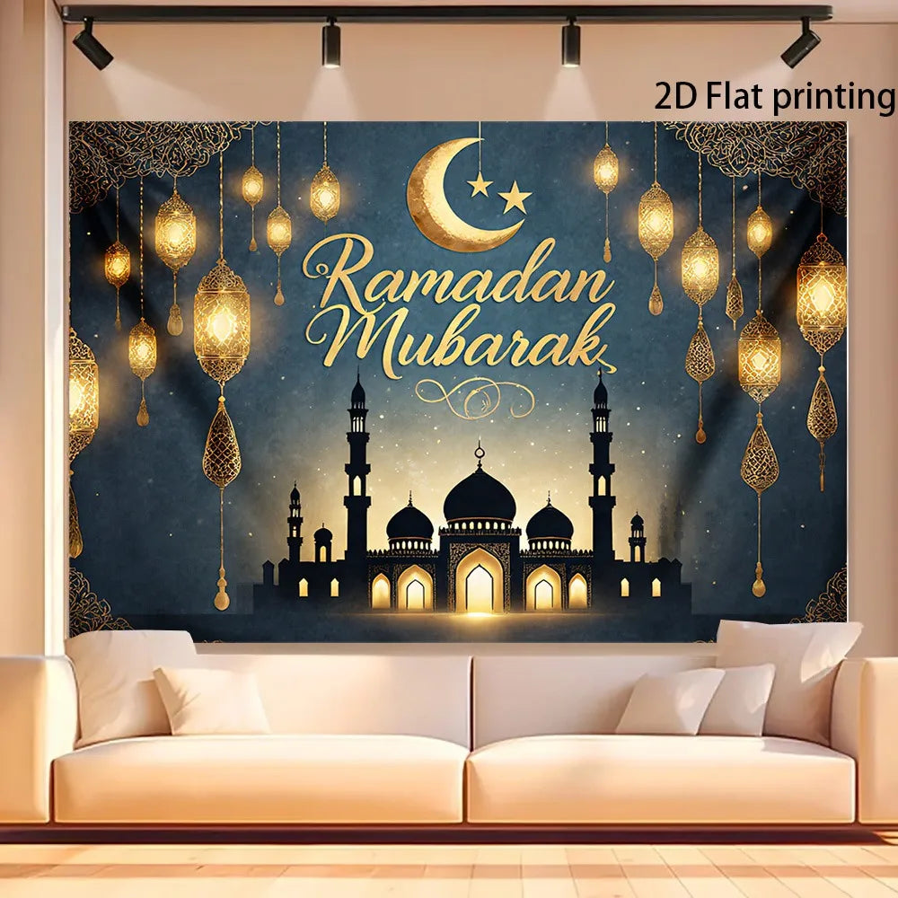 1pc2DflatRamadan Mubarak Moon and Stars Banner ，With gold lanterns，New Moon and Star Design，No Power Supply Required