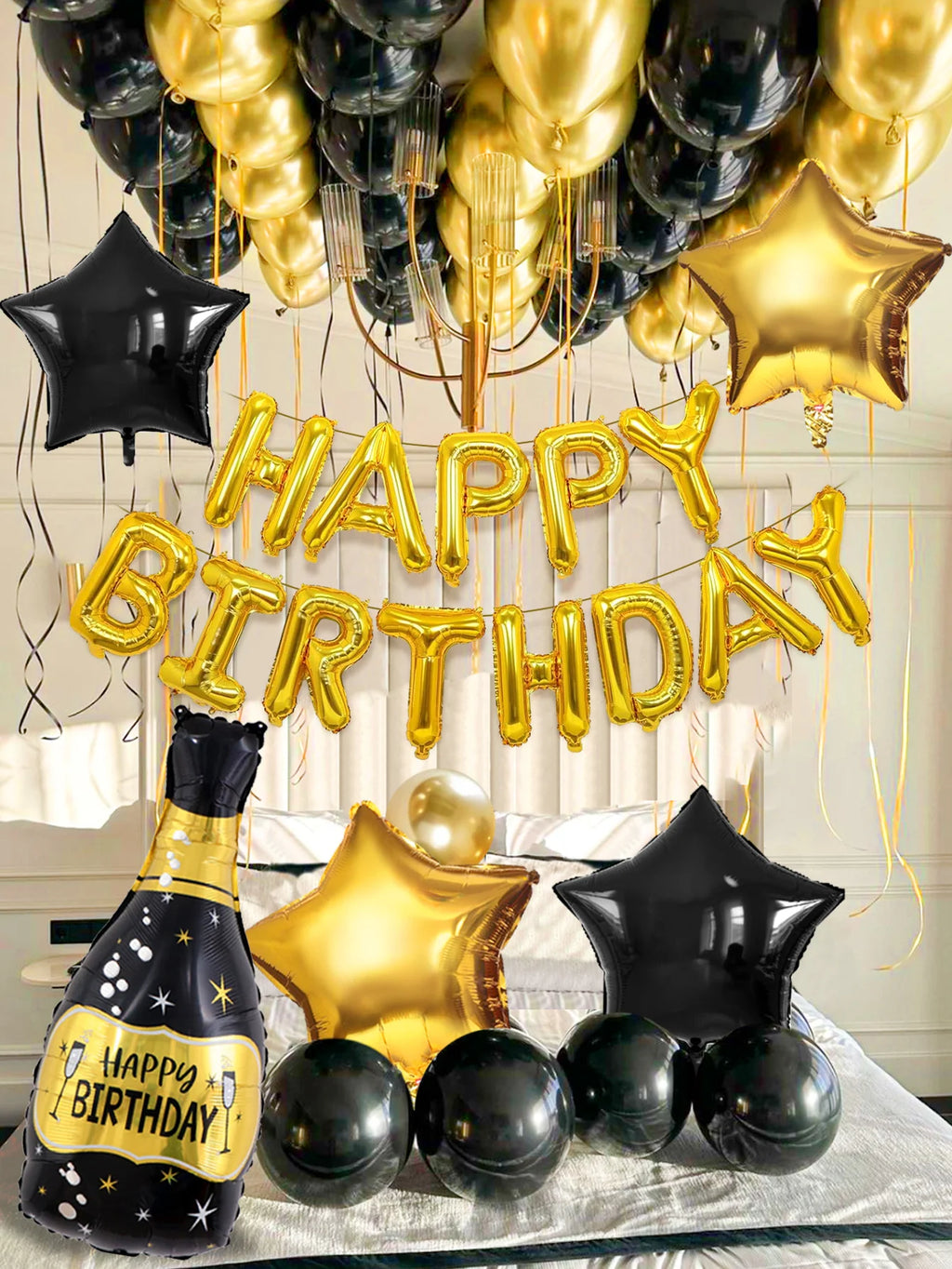 43pcs black and gold "Happy Birthday" letter balloon set, suitable for birthday party decorations, anniversary parties