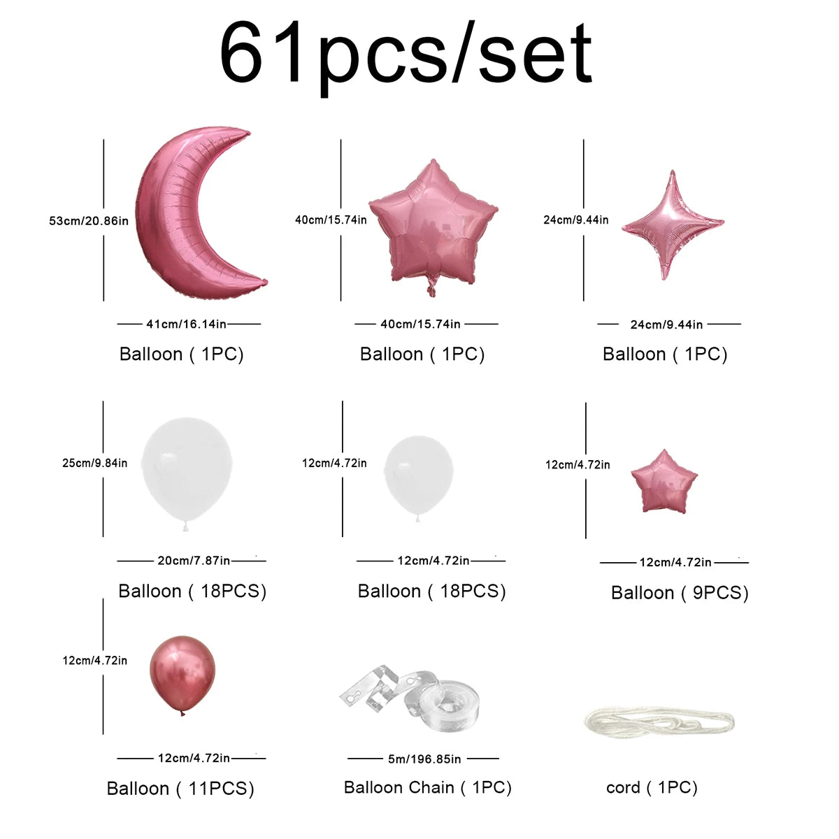 Moon, Stars, Clouds, Balloon Chain Party Decoration and Arrangement 1 set of 61 pieces