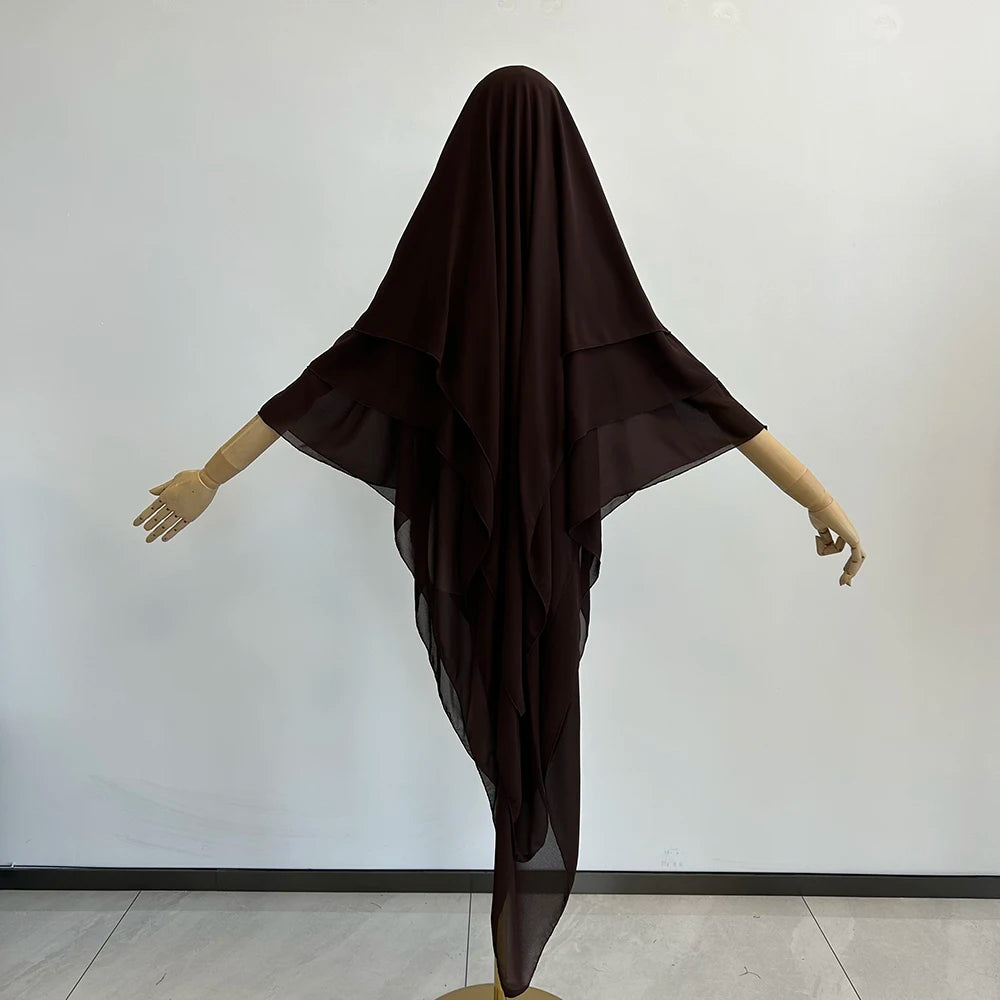 Three Layer Chiffon Khimar With Niqab Strings High Quality EID Ramadan Muslim Women Islamic Clothing Wholesale Prayer Long Hijab