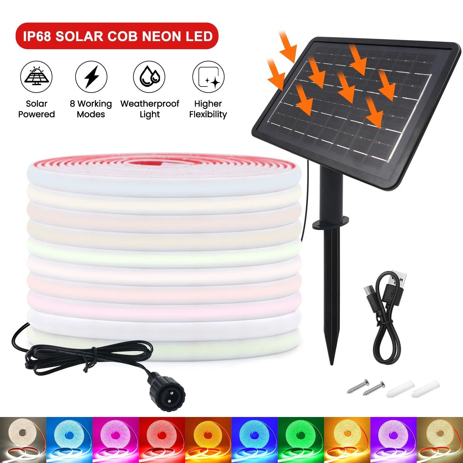 IP68 Waterproof Solar Powered COB Neon Strip 24V 320Leds 3000K 4000K 6000K Red/Green/Blue/Yellow Flexible Ribbon Rope LED Light