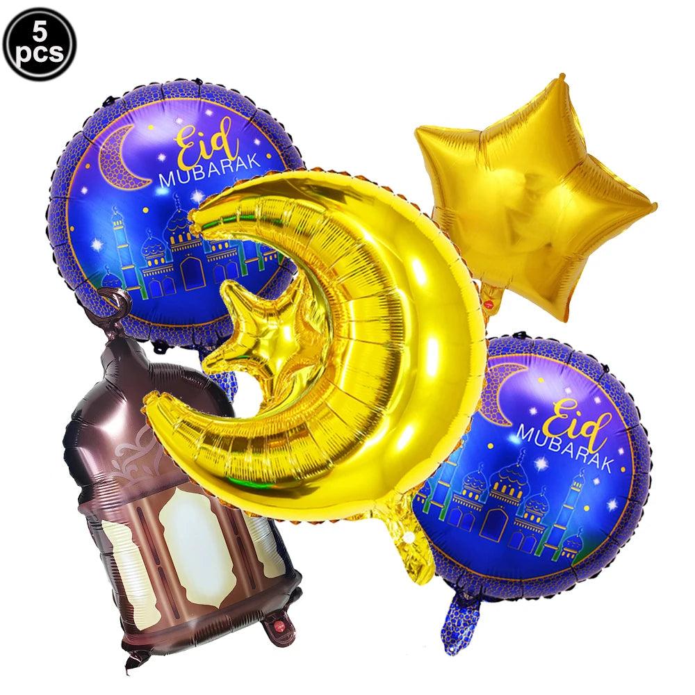 5pcs Eid Mubarak Balloons Decors Ramadan Lantern Moon Star Shape Moon Castle Pattern Foil Balloons Islamic Muslims Party Supplie
