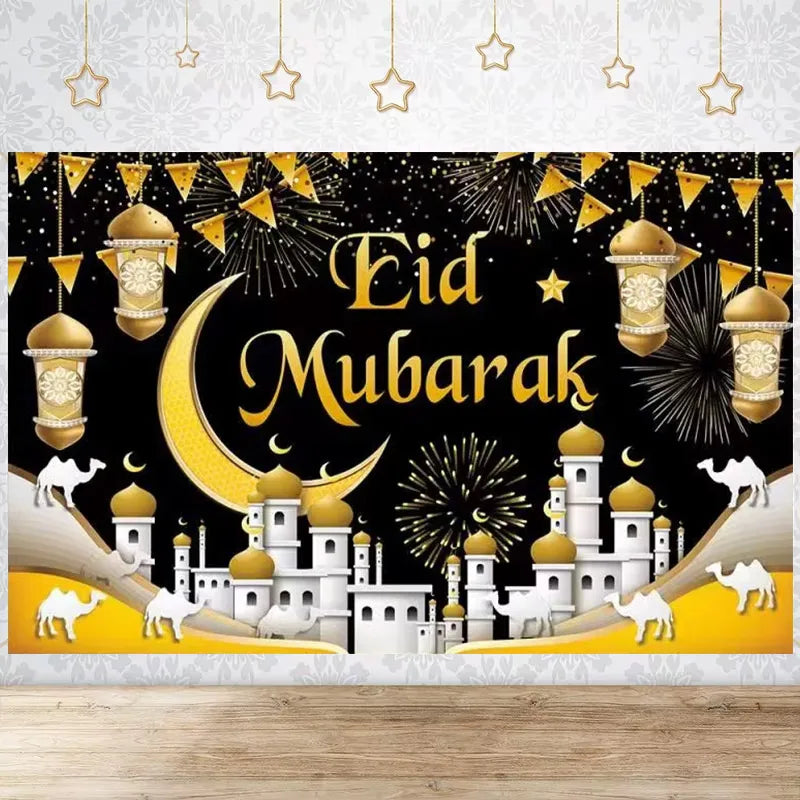 Happy EID Ramadan Festivals Mosque Moon Lantern Mubarak Poster Party Decoration Banner Photo Background Photography Prop Supply