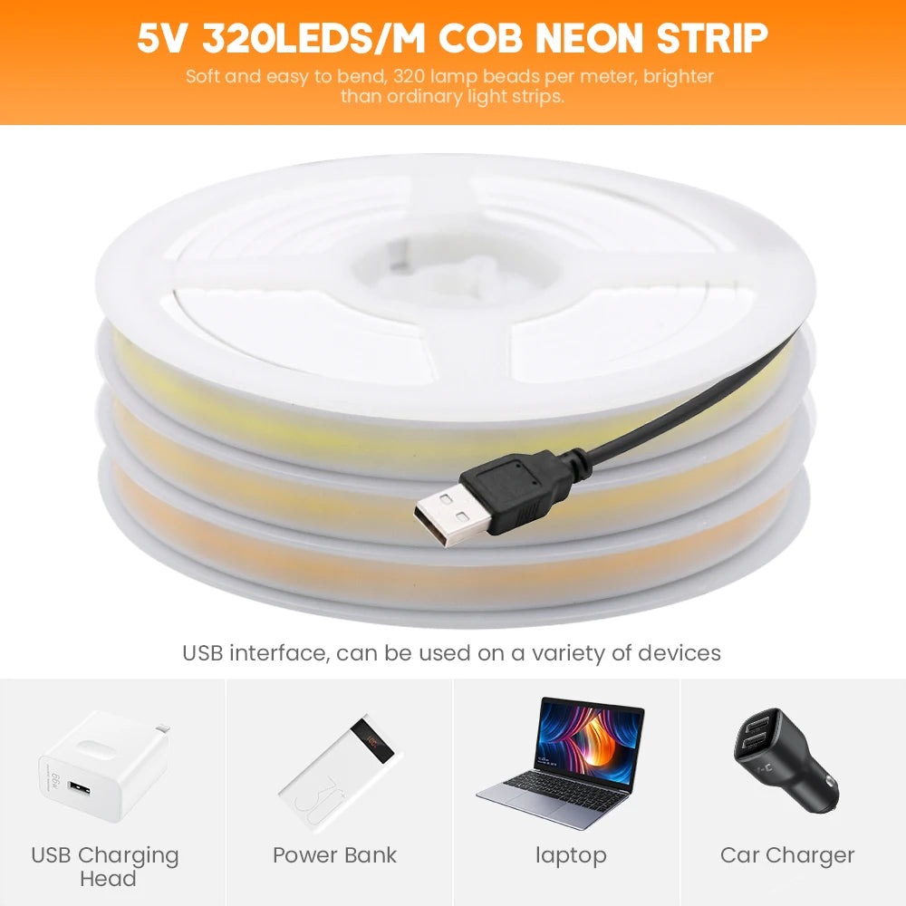 5V USB COB LED Strip Neon Light High Brightness 320 LEDs/M IP67 Waterproof Flexible Ribbon Tape for Garden Bedroom TV BackLight