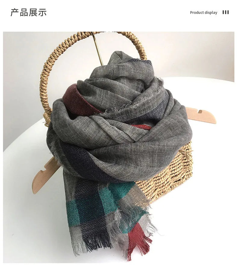 Autumn And Winter Wool Acrylic Blend Scarfs For Ladies 100*200 Checkered TurbansFor Women