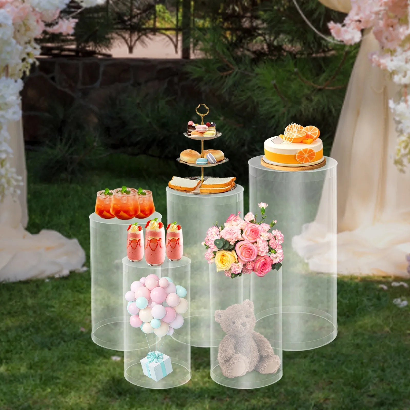 5pcs Crystal-Clear Cylinder Wedding Display Stands, Versatile Acrylic Centerpiece for Table Decor, Modern Dessert Cupcake Risers