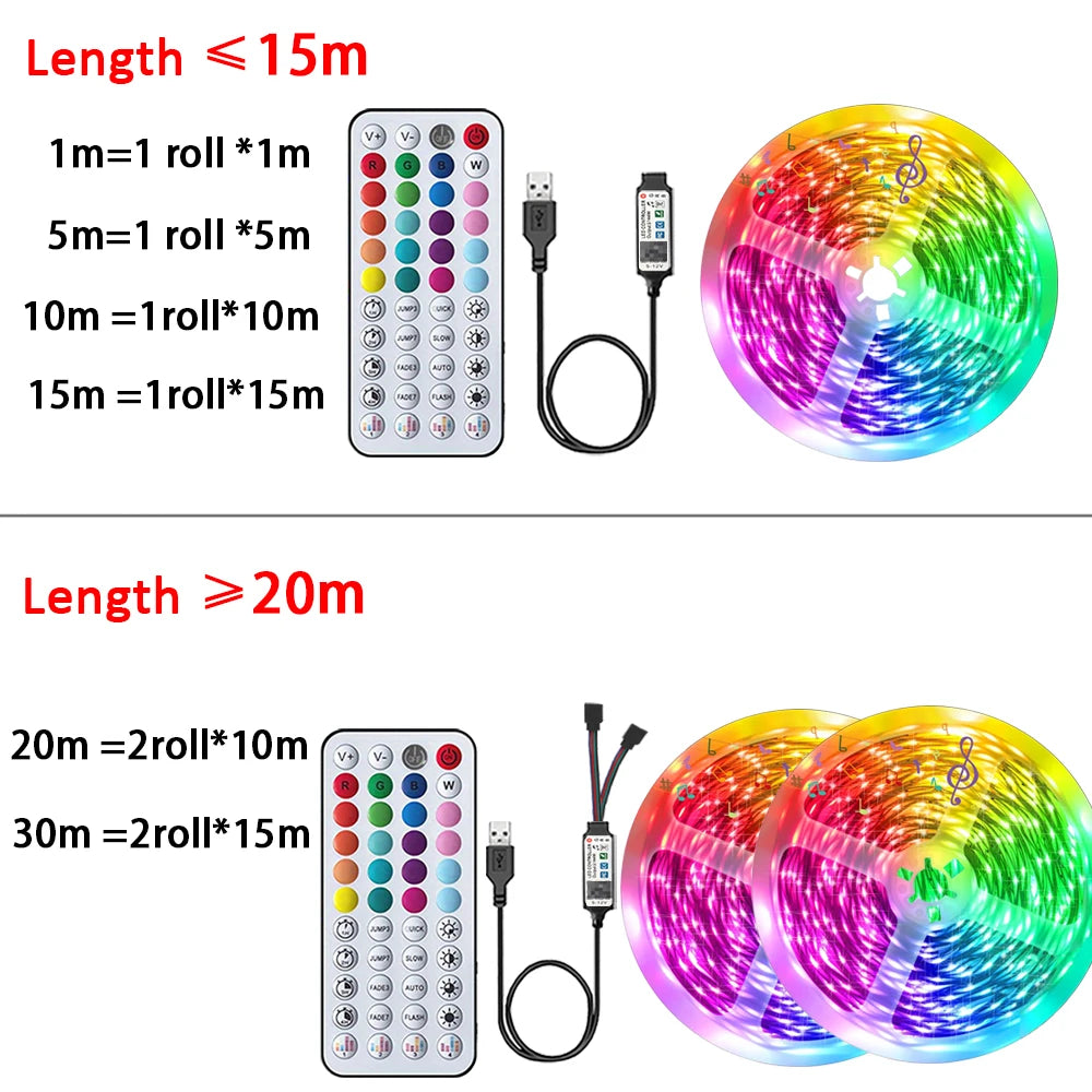 RGB Led Strip Lights for Room 1M, 5M, 10M, 20M, 30M USB 5V Music Sync APP Control Led Tape FLexible Ribbon for Bedroom Home Decor