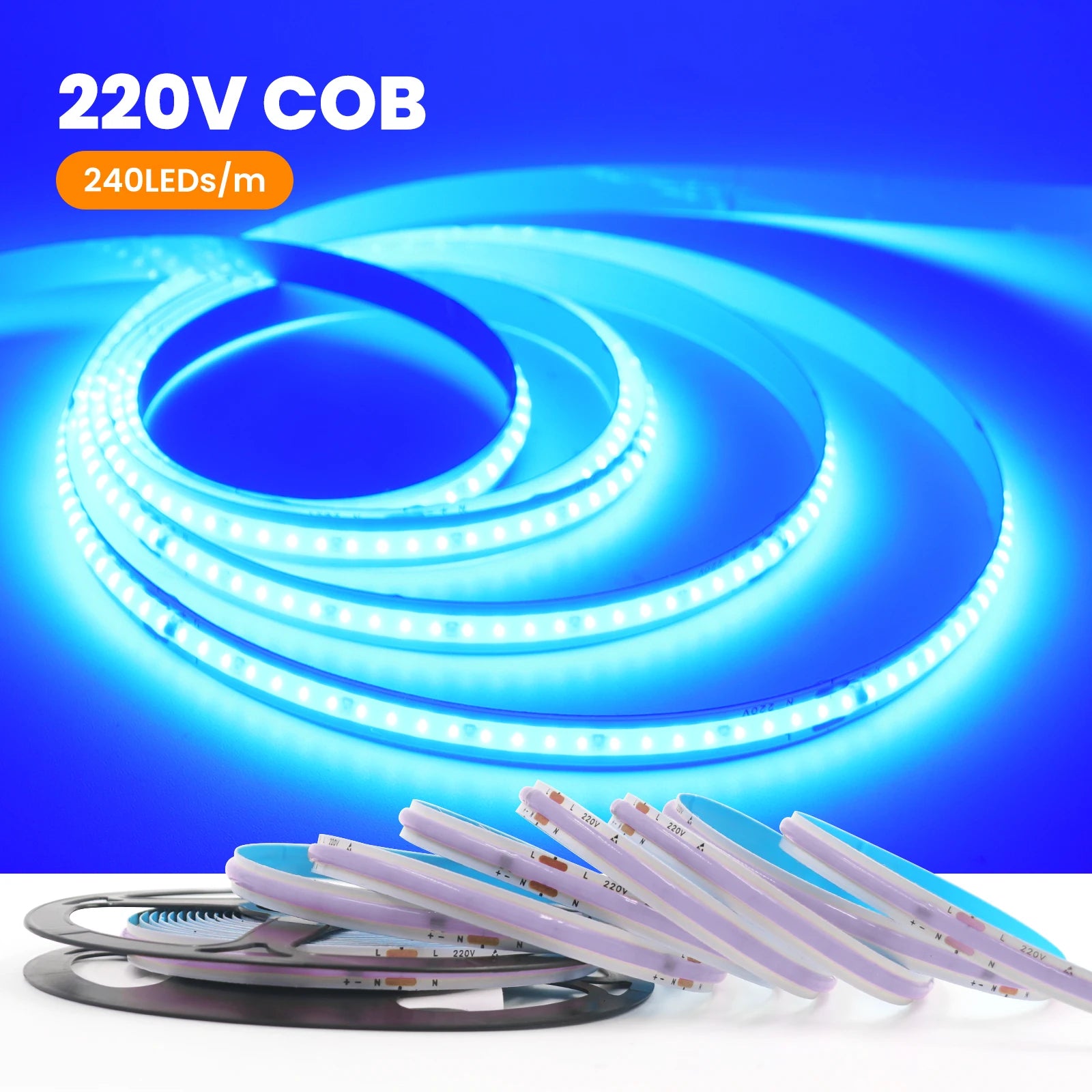 AC 220V COB Strip 240Leds/M 5M 10M 20M 50M/Roll Red/Green/Ice Blue/Pink/White/Purple Flexible Ribbon LED Light For Home Decor