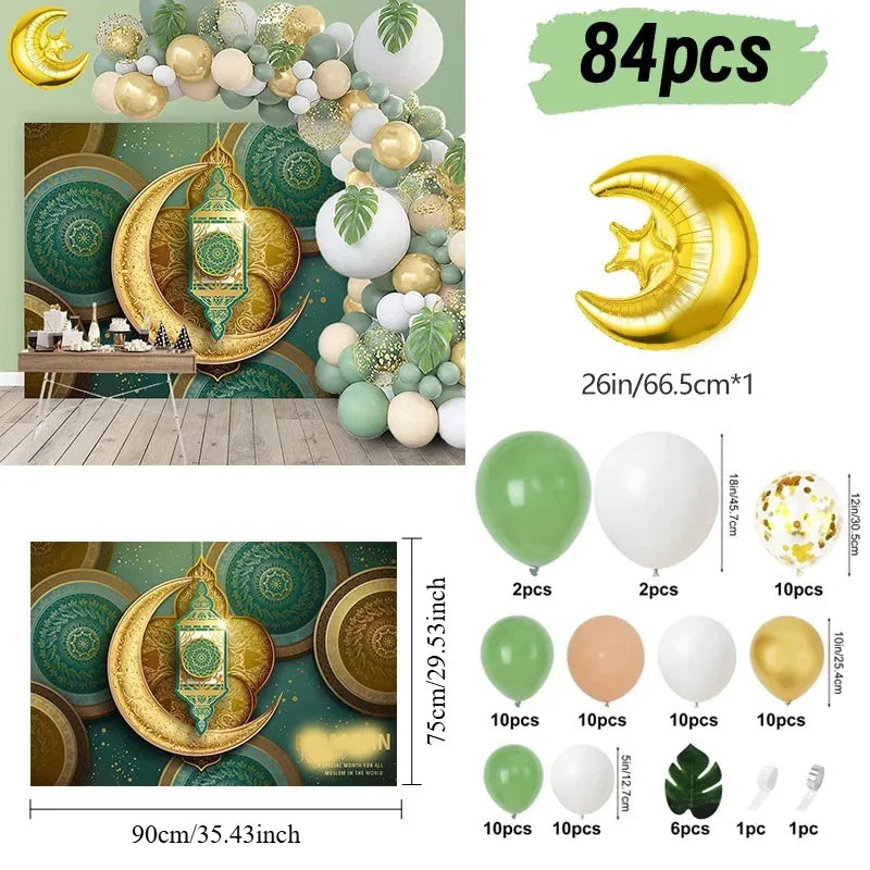 84pcs Eid Mubarak Green Gold Balloon Garland Arch Ramadan Kareem Decorations Home 2026 Aid Moubarak Islamic Festival Party Decor