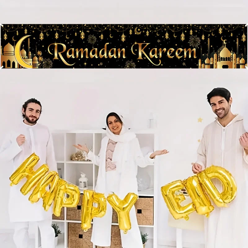 VIKAMA Ramadan Karim Banner Tapestry Black Gold Star Moon Mosque Eid al Fitr Outdoor Courtyard Festival Party Decoration