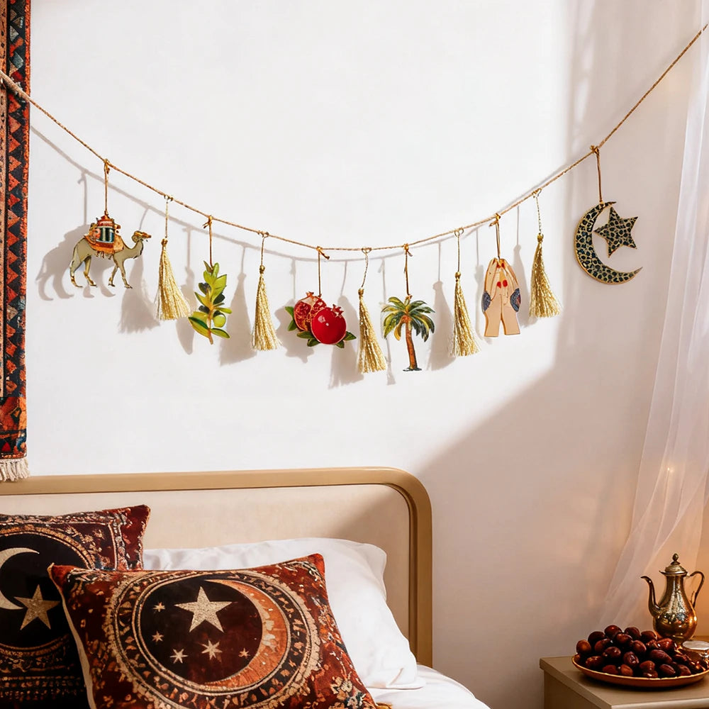 Ramadan Kareem Hanging Garland Islamic Camel Pomegranate Palm Moon Star Decor for Muslim Festival Home Party Wall Ornament Gifts
