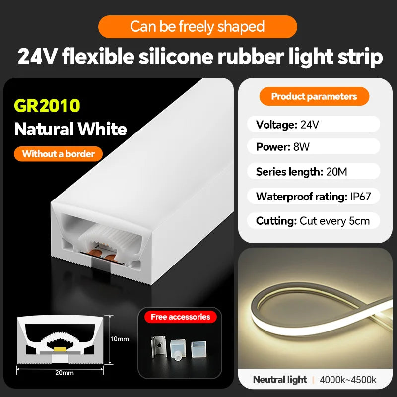LED silicone light strip, linear light strip, embedded, 24V, waterproof, flexible, curved shape light
