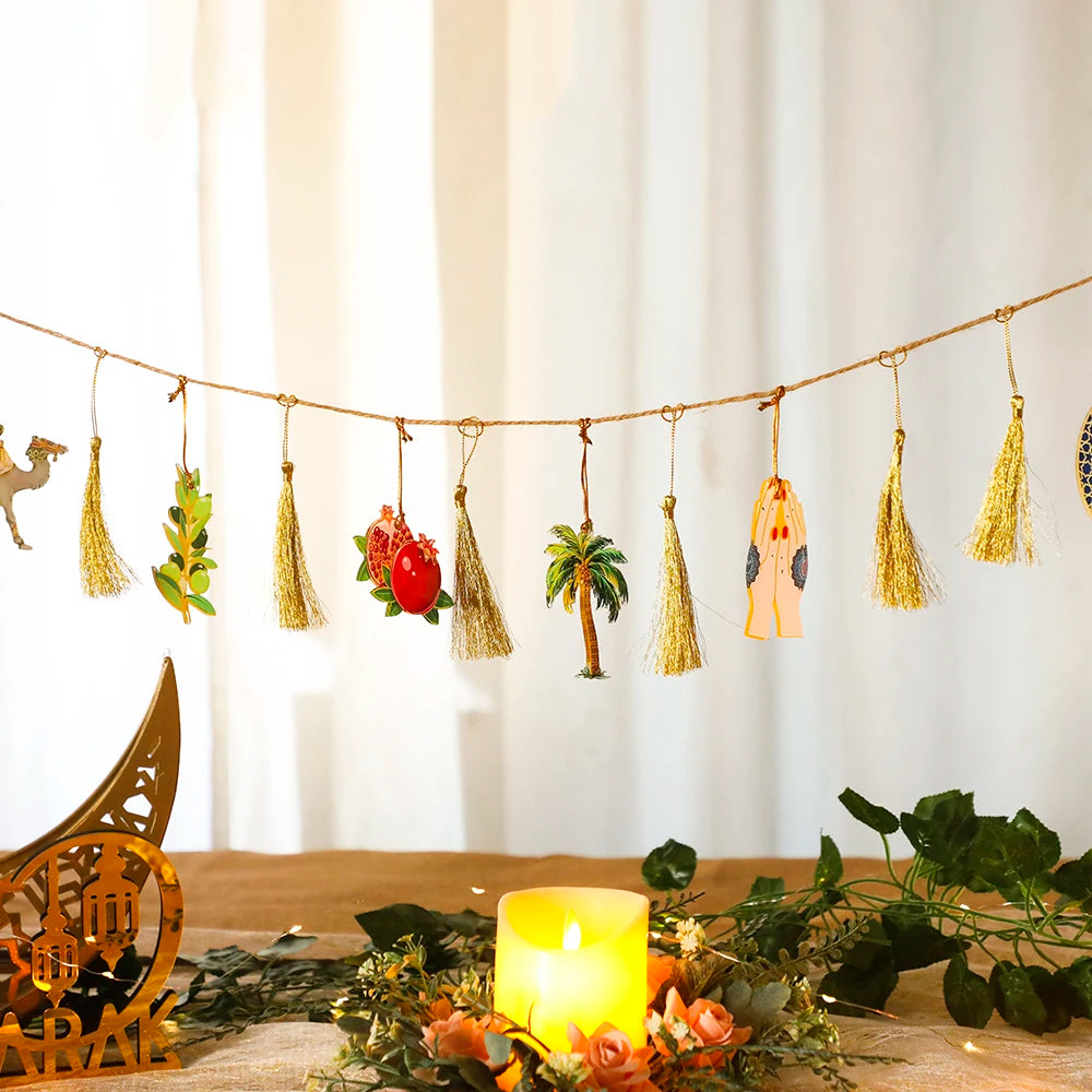 Ramadan Kareem Hanging Garland Islamic Camel Pomegranate Palm Moon Star Decor for Muslim Festival Home Party Wall Ornament Gifts