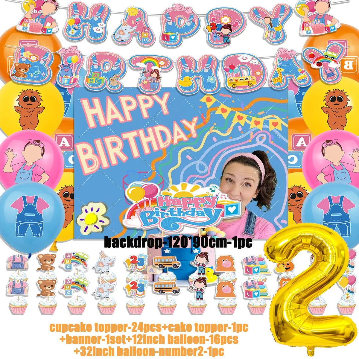 Cartoon English Teacher Theme Child Birthday Party Decor Ms&Racheled Balloon Banner Backdrops Cupcake Toppers for Kids Gifts