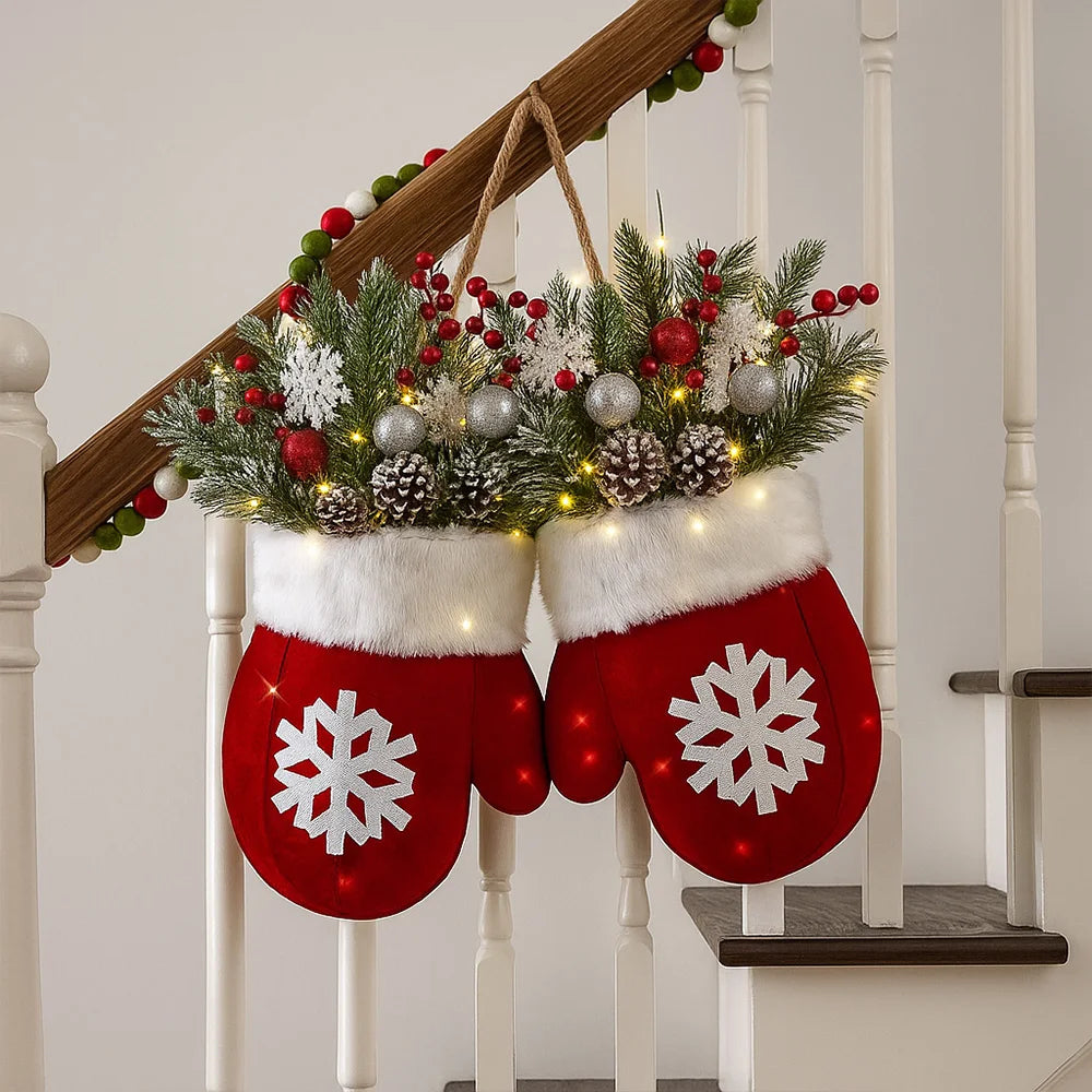 2026 Christmas Glove Garland Creative Simulated Flower Wreath Window Door Gate Home Decor Door Sign Xmas Party Decoration