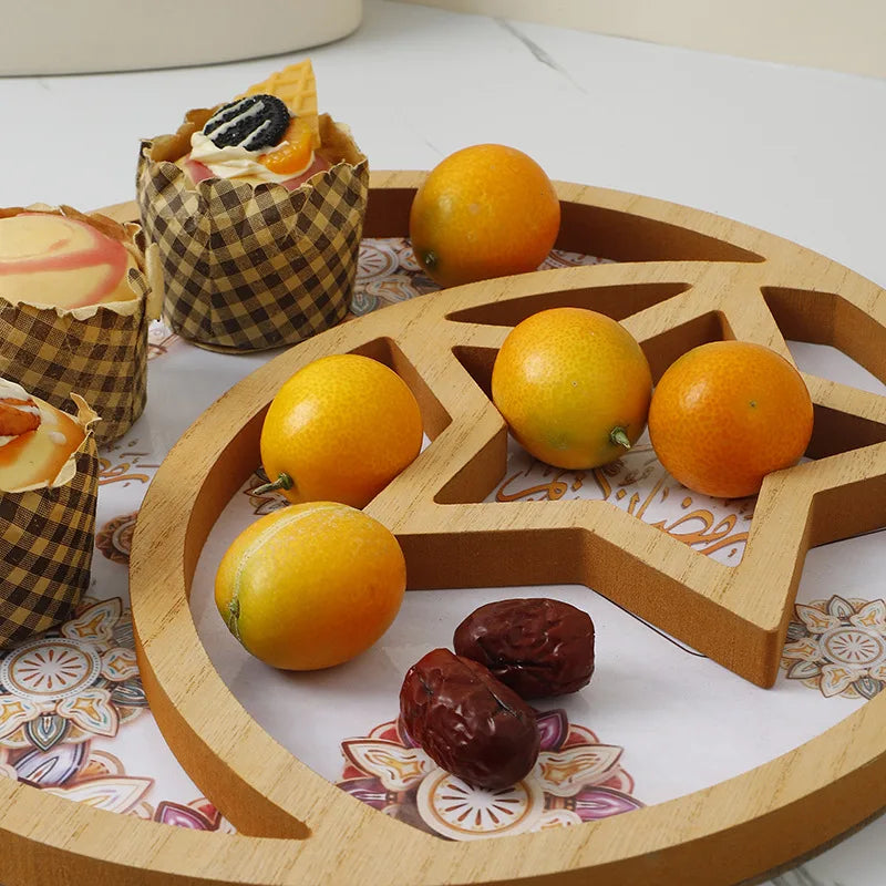 1pc EID Mubarak Wooden Ornaments Decor Star And Moon Tray Ramadan Decoration Home Islamic Muslim Party Decor Party Supply