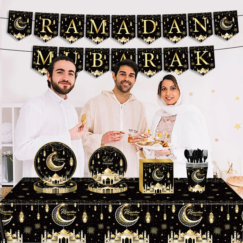 Eid Mubarak Party Tableware Set Disposable Plates Napkins Banner Tablecloth Ramadan Decorations Islamic Muslim Party Supplies